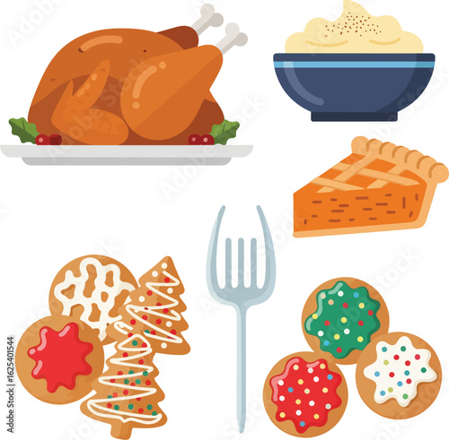 A festive flat vector illustration featuring a roasted turkey, mashed potatoes, pumpkin pie slice, sugar cookies, and a fork, representing a holiday meal.