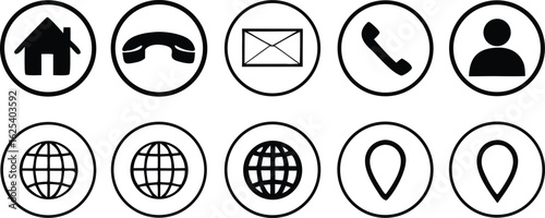 Collection of common contact and navigation icons in circles