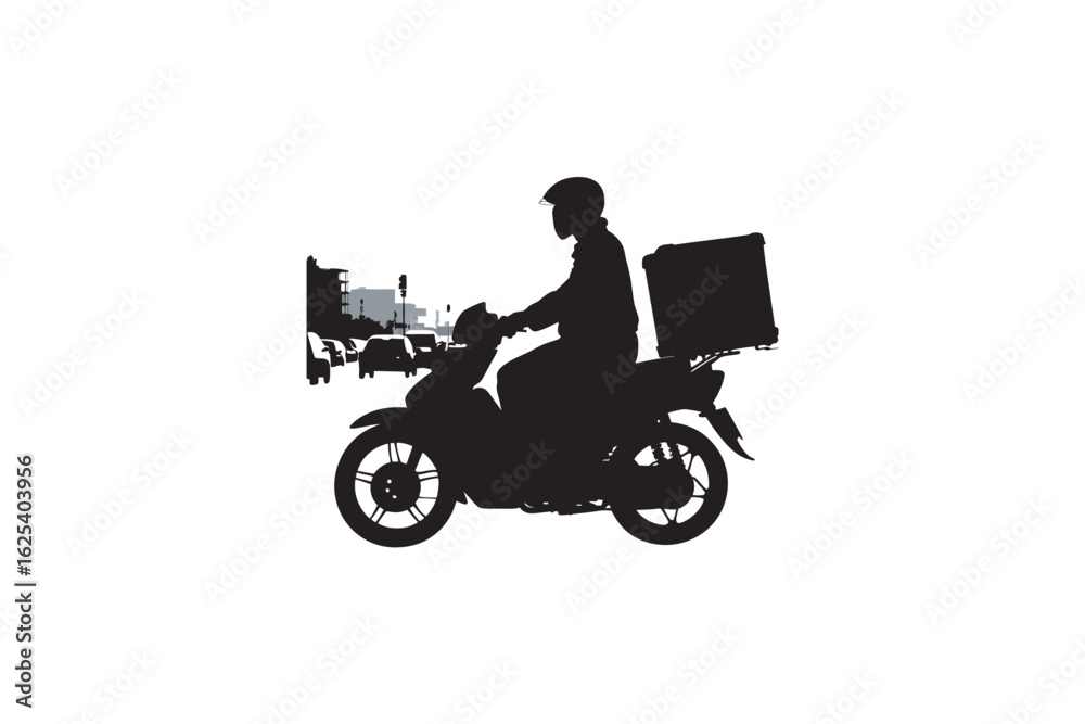 Silhouette of a delivery person riding a scooter with a large insulated box on the back symbolizing fast and efficient urban delivery services Silhouette of a delivery person riding a scooter with a large insulated box on the back symbolizing fast and efficient urban delivery services
