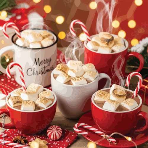 Four festive mugs of steaming hot chocolate topped with toasted marshmallows and candy canes on a holiday table.