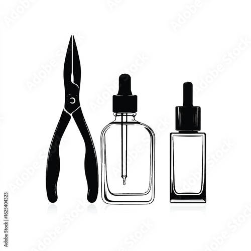Nail and Cuticle Care Still Life featuring Cuticle Nippers and Essential Oil Dropper Bottles on a White Background