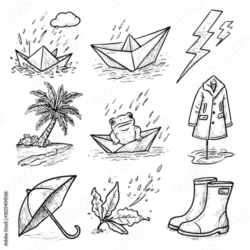 Rainy Day Doodle Set Featuring Paper Boats Frog Umbrella and Stormy Elements Hand Drawn Black and White Illustration