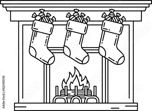 Three Christmas stockings filled with candy hang from a mantelpiece over a burning fireplace.