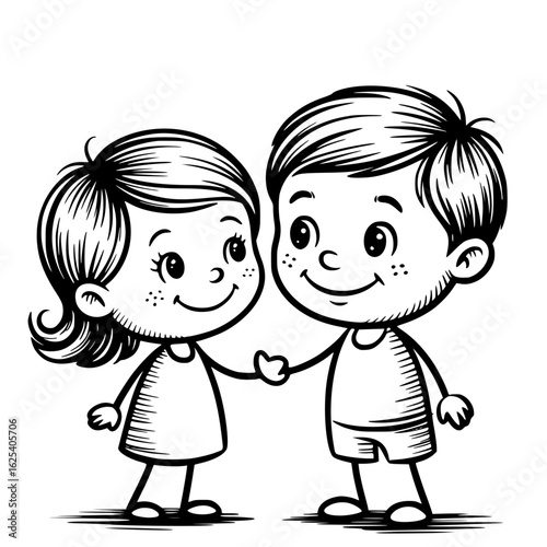 Childhood Bond: A sketch captures the sweet intimacy of childhood, depicting two young children, a boy and a girl, gazing at each other in a moment of tender connection and early affection.