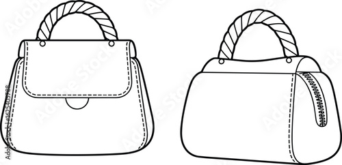 Elegant handbag designs, rope handle detail, front and back view, stylish purse sketches, fashion accessories, trendy bags, vector illustration, chic look