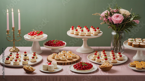 Assorted mini cheesecakes, decorated with berries and flowers.
