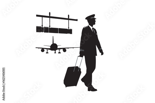 Silhouette of a pilot in uniform walking with a rolling suitcase towards an airplane on the tarmac with luggage overhead