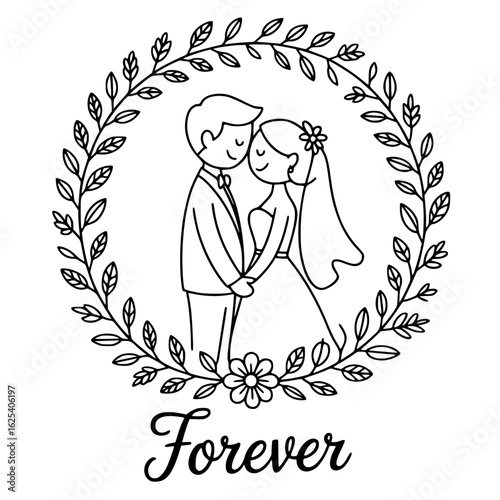 Eternal Bond of Love: A hand-drawn illustration captures the intimate moment of a newlywed couple, tenderly embracing within a wreath of delicate leaves, the word Forever elegantly inscribed below. 