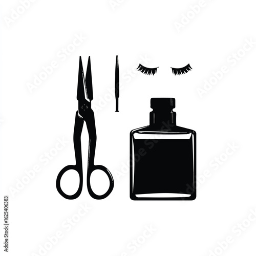 Stylized Eyelash Extension Tools Arranged Neatly on a White Background for Beauty Industry Concepts