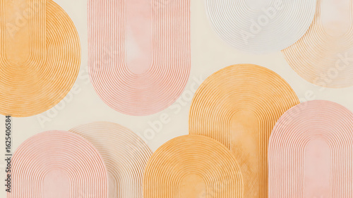 Abstract shapes, pastel colors, oval forms on beige background.
