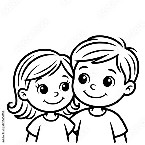 Affectionate Illustration of Children: Captivating outline illustration depicting two children, a boy and a girl, embracing each other with joyous smiles.