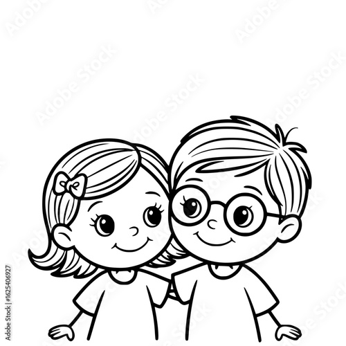 Black and white cute couple cartoon : Sweet moment, boy with glasses and girl with a bow. They smiling and feeling happiness