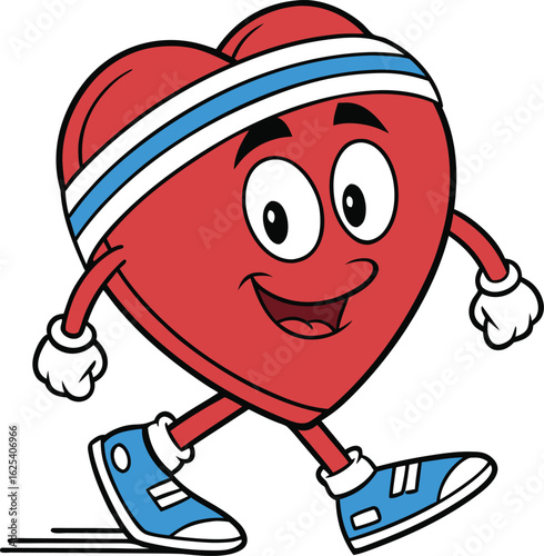 Cartoon heart character with headband and sneakers jogging for healthy lifestyle and fitness