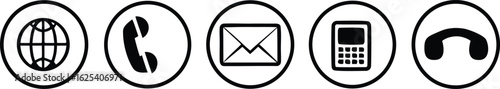 Set of communication icons including globe phone email calculator and handset