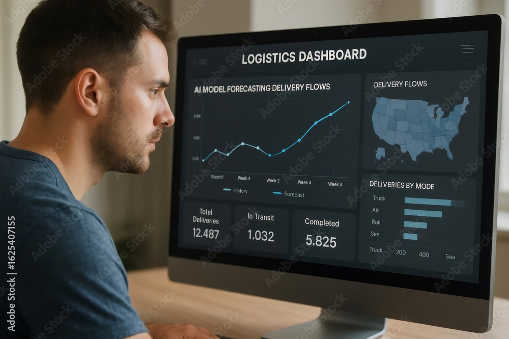 Naklejka premium Logistics manager analyzing delivery flows on a computer screen, using artificial intelligence and data visualization tools to optimize supply chain operations in the United States