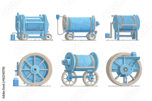 Vintage Style Cable Reels Collection with Old Wooden Wheels and Blue Cords Perfect for Industrial Design or Historical Depictions