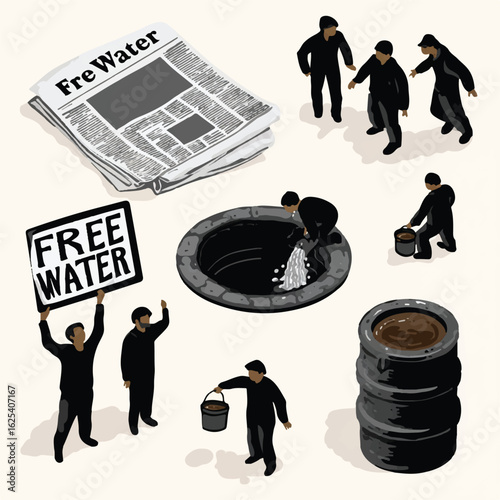 Water Scarcity Illustration with People Collecting Water from Well and Newspaper Headline Free Water Depicting Crisis