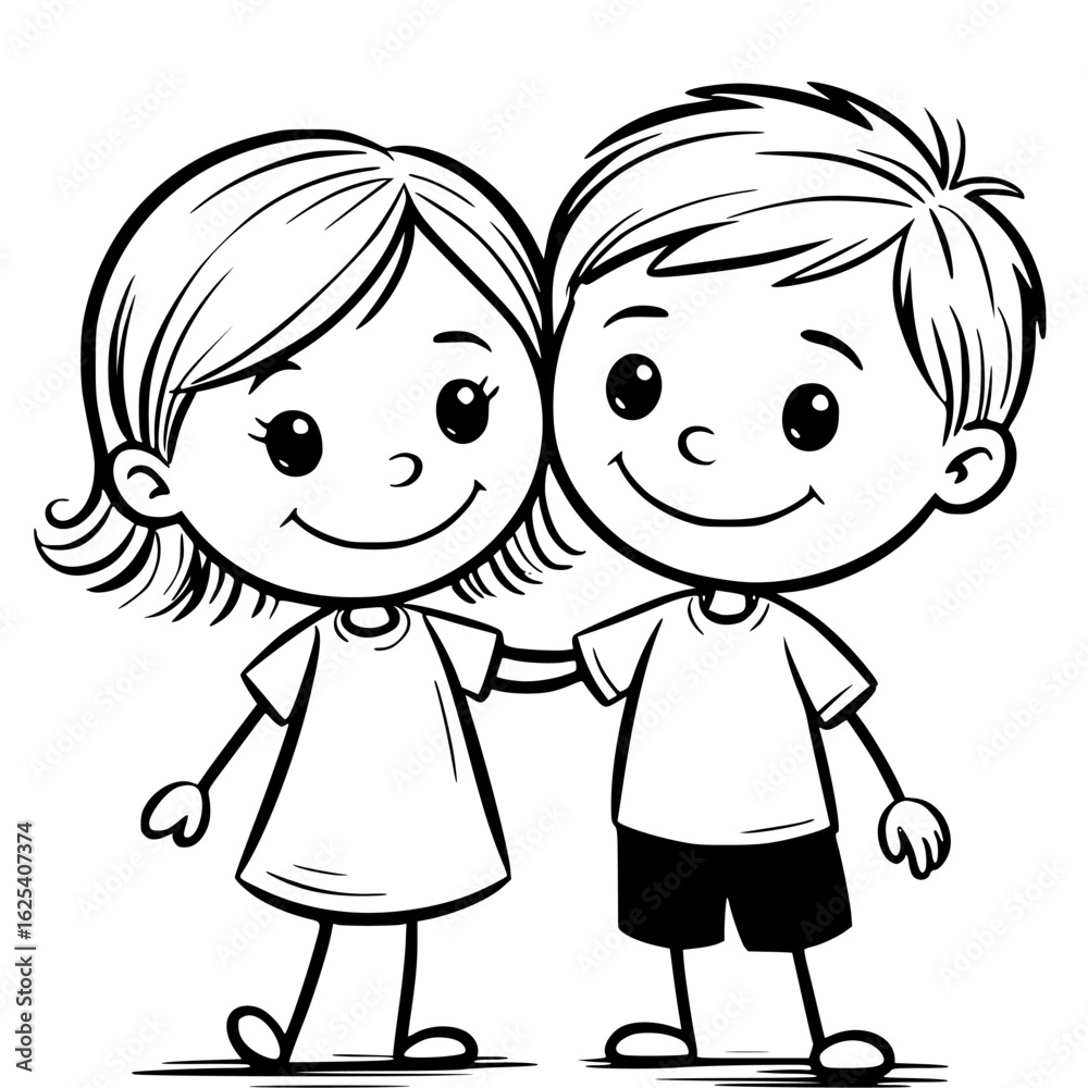 Illustration of Friendly Children: A charming and heartwarming illustration of two young children, a boy and a girl, standing side-by-side, exuding an aura of friendship, togetherness. Illustration of Friendly Children: A charming and heartwarming illustration of two young children, a boy and a girl, standing side-by-side, exuding an aura of friendship, togetherness.