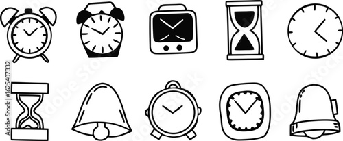 Collection of hand drawn timekeeping icons including clocks and hourglasses