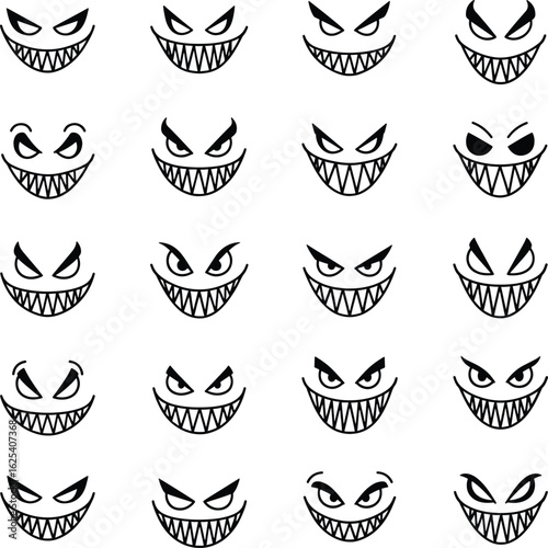 A collection of twenty different evil cartoon monster faces with menacing grins and sharp, jagged teeth.