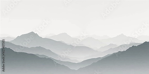 Misty mountain peaks and a serene valley landscape in the morning fog