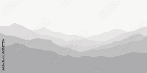 It keeps the main elements—mountains, fog, hills, clouds—while being simple and descriptive