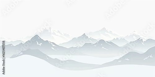 High snowy mountain peaks blanketed in a vast, cold winter landscape with a panoramic view of glaciers and a blue sky