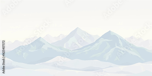 Snow-covered mountains and icy peaks in a vast winter landscape under a cold sky