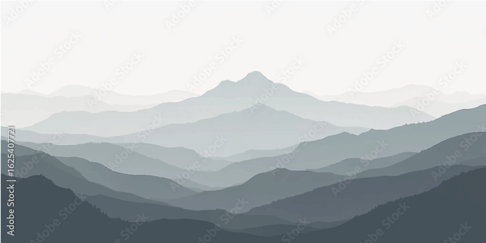 Naklejka premium Misty morning mountain landscape with foggy hills, clouds, and forested peaks