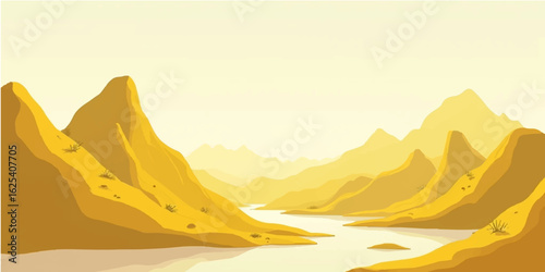 Vector illustration of a serene mountain landscape with a fiery orange sunrise, reflecting on a calm lake nestled in the valley, with soft mist blanketing the hills