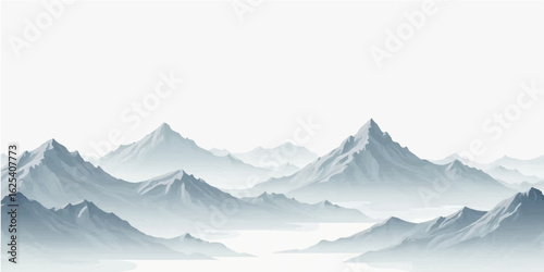 Stunning winter landscape with snow-capped mountains, a hazy sunrise, and a panoramic view of the cold, misty peaks and blue sky