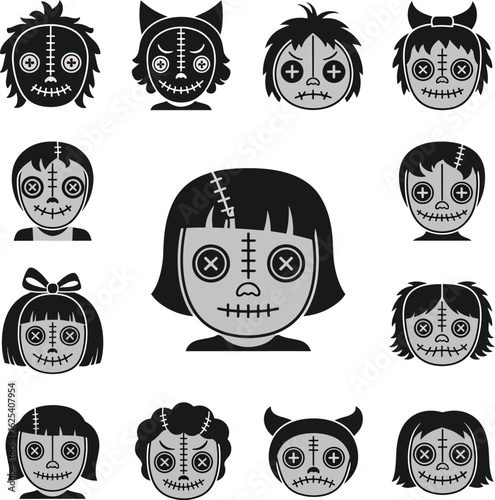 A collection of spooky, monochrome rag doll head icons with button eyes and stitched mouths.