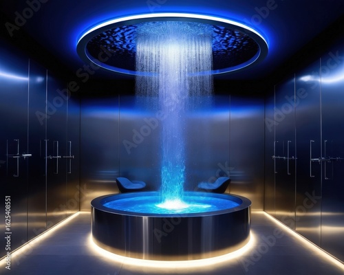 Wallpaper Mural High-tech interior features a modern UV disinfection basin. The deep blue glow from powerful submerged ultraviolet lamps highlights crystal-clear, flowing water. Torontodigital.ca