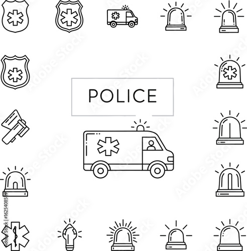 A collection of police and emergency service line icons, featuring a central ambulance and various sirens and badges.