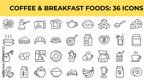 Coffee and breakfast food icons in simple line art style  