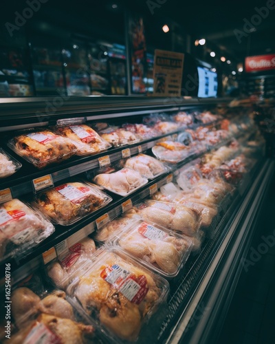 Assorted Packaged Whole Chickens Arranged on Shelves Inside a Supermarket Refrigerated Display Case with Dim Lighting and Commercial Labels Visible