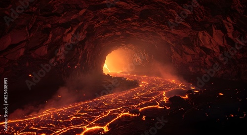  Volcanic Cave with Glowing Magma River