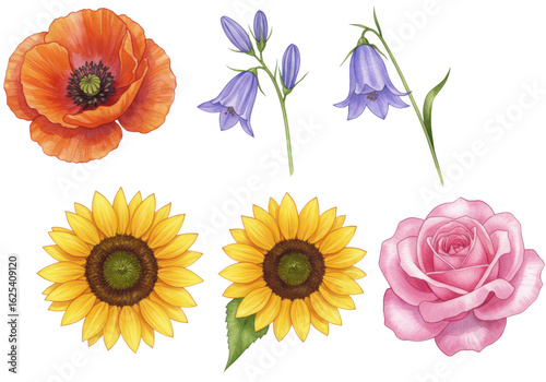 Photo of a colorful collection of poppy, bellflower, sunflower, and rose flowers isolated on transparent background