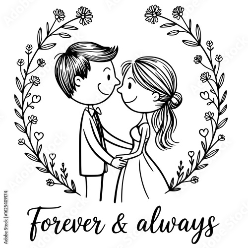 Wedding bliss: The heartwarming embrace of a cartoon couple, a timeless symbol of love and commitment, beautifully framed within a wreath, epitomizing Forever & Always. 