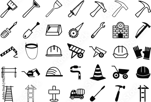 Collection of construction tools and safety equipment icons