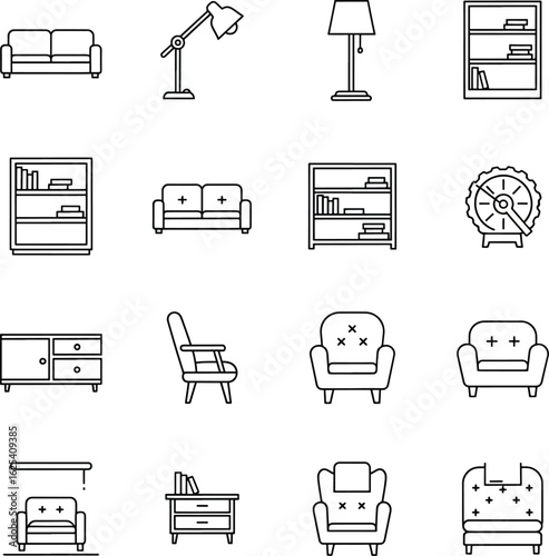 A collection of black and white line art icons depicting various types of furniture and home decor items.