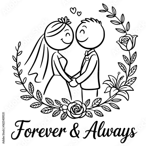 Forever & Always Wedding Illustration: A charming illustration captures the essence of enduring love, showcasing a newlywed couple embracing the promise of Forever & Always.