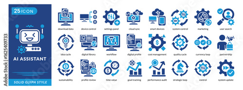 AI assistant icon set collection in solid glyph style. an icon pack contain user search, idea cycle, digital library, workflow, digital profile, cost management, quality cycle, partnership