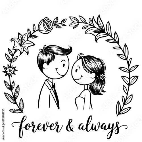 Eternal Embrace: An illustration of a couple surrounded by floral designs and a calligraphic inscription. The heartwarming design captures the essence of eternal love and commitment.