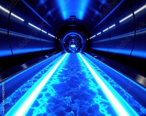 Advanced water purification system interior. Modern UV disinfection basin with submerged ultraviolet lamps and a striking deep blue glow enhances water clarity.