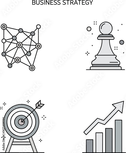 A set of four minimalist icons representing business strategy concepts: a network, a chess pawn, a target, and a growth chart.