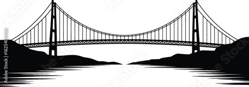 Iconic suspension bridge silhouette spanning a calm river with dark hills on both sides