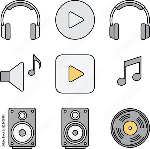A set of nine flat design icons related to music, audio, and sound playback.