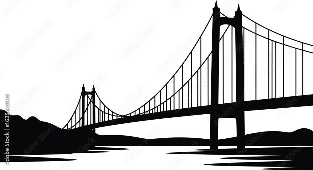 Obraz premium Iconic suspension bridge structure spanning across a wide river with distant hills in the background silhouette