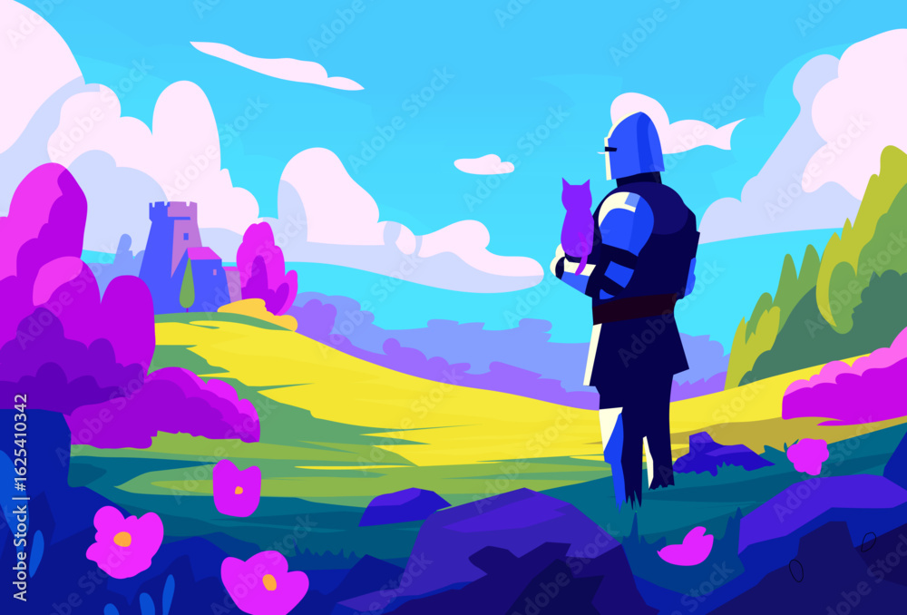 Fototapeta premium Colorful fantasy landscape with knight holding cat, vibrant meadows, castle in the distance, and stylized cartoon scenery 